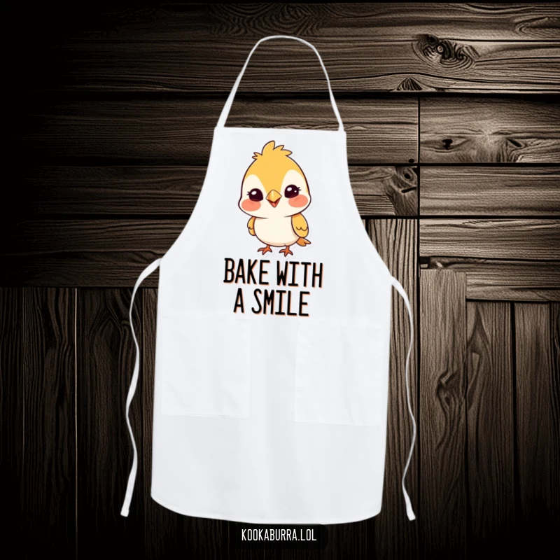 Funny apron featuring a cute bird with a wide, silly grin, perfect for keeping clothes clean while adding a humorous touch.
