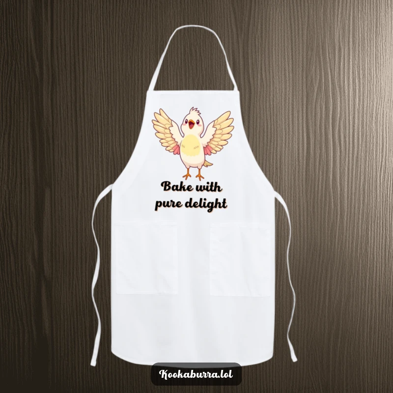 Funny apron showcasing a bird stretching its wings wide open, bursting with glee, perfect for a joyful and enthusiastic cooking experience.