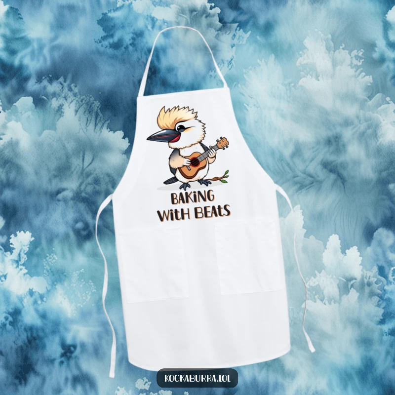 Funny apron with a kookaburra happily playing a tiny ukulele, perfect for adding musical fun to the kitchen.
