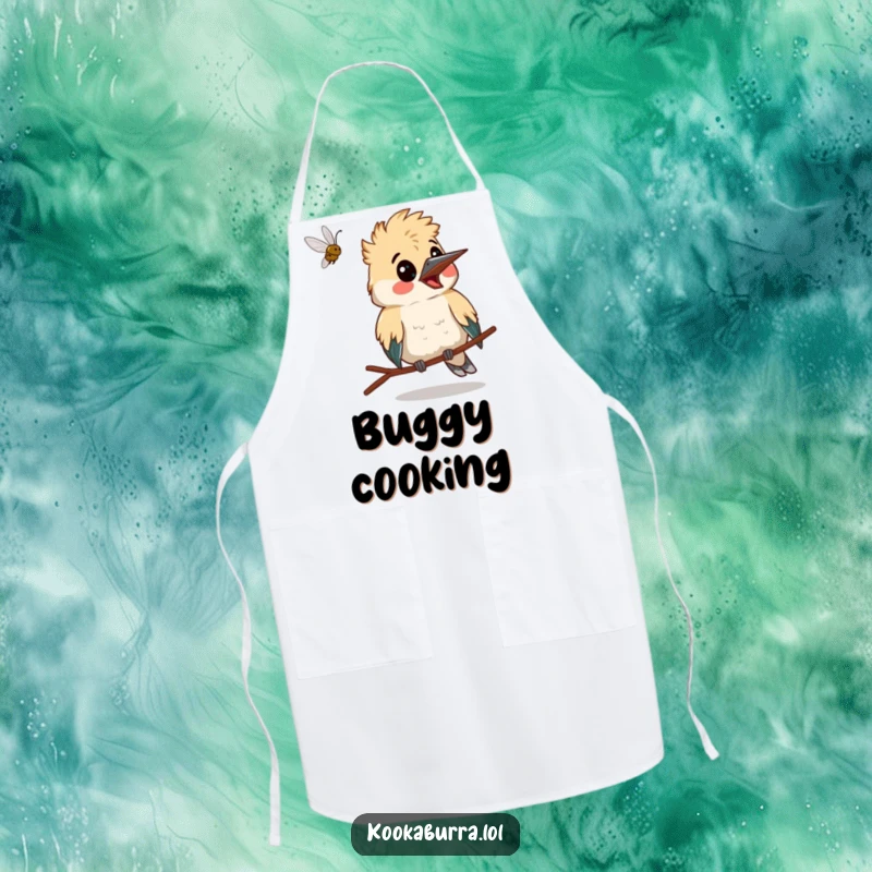 Funny kookaburra making a surprised face as a bug flies past, a humorous and practical apron for cooking.