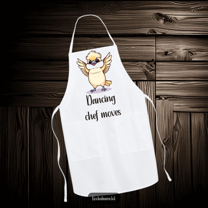 Funny Kawaii Kookaburra apron, a cute bird dancing with spread wings, bringing energetic charm to the kitchen. A fun funny gift.