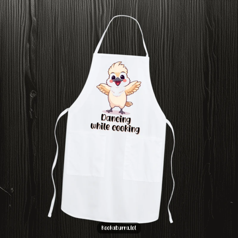 Funny kawaii kookaburra apron featuring a happy bird doing a lively dance with spread wings, ideal for humorous and practical kitchen use.