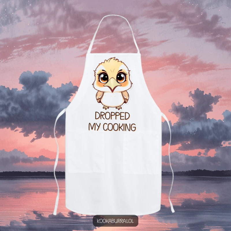 Funny surprised kookaburra apron featuring a wide-eyed, shocked bird design, adding a humorous touch to kitchen duties.