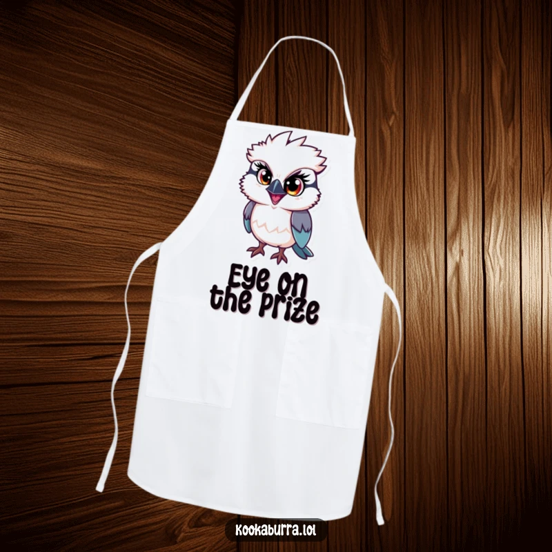 Funny kookaburra apron, a bird with one large eye sparkling with mischief, ideal for funny kitchen antics.