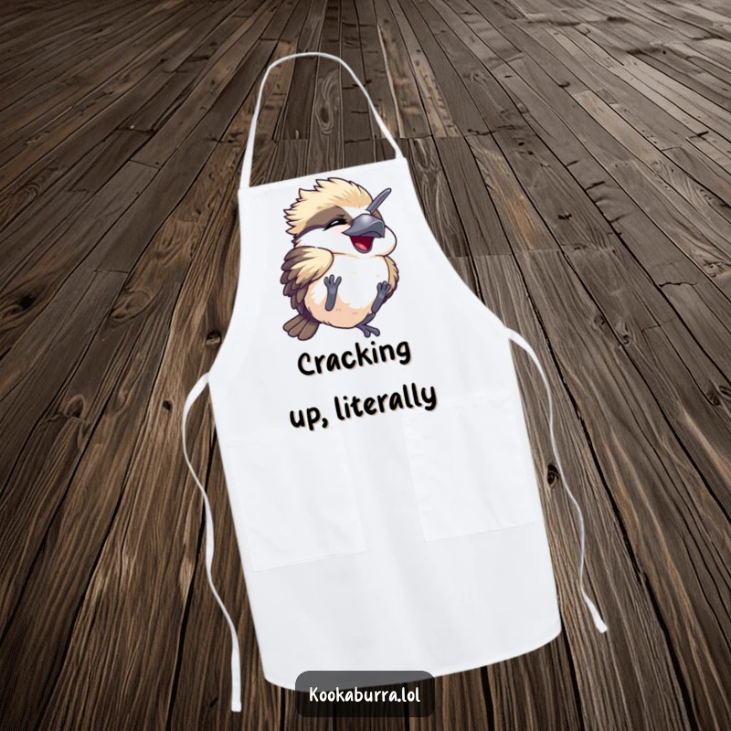 Funny apron with a kawaii kookaburra in a hilarious tumble, eyes shut in pure, happy mirth, ready for kitchen fun.