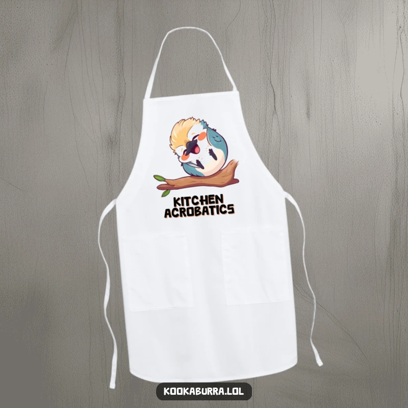 Funny round kawaii kookaburra apron, tumbling end over end, laughing, cute bird graphic, humorous cooking wear.