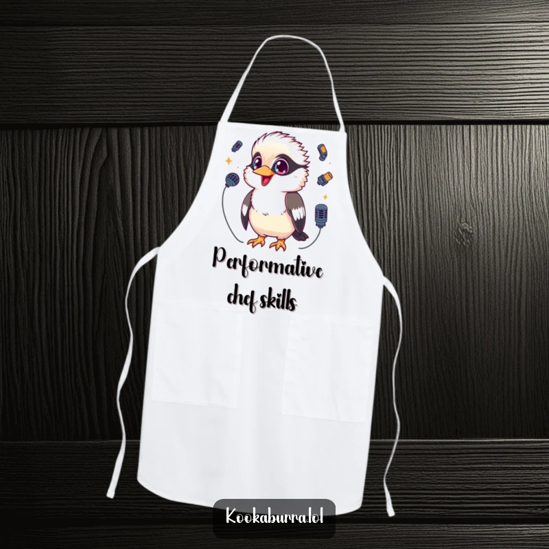 Funny Kookaburra Apron showing a kawaii kookaburra with sparkling eyes, juggling three tiny microphones, perfect for kitchen performances.