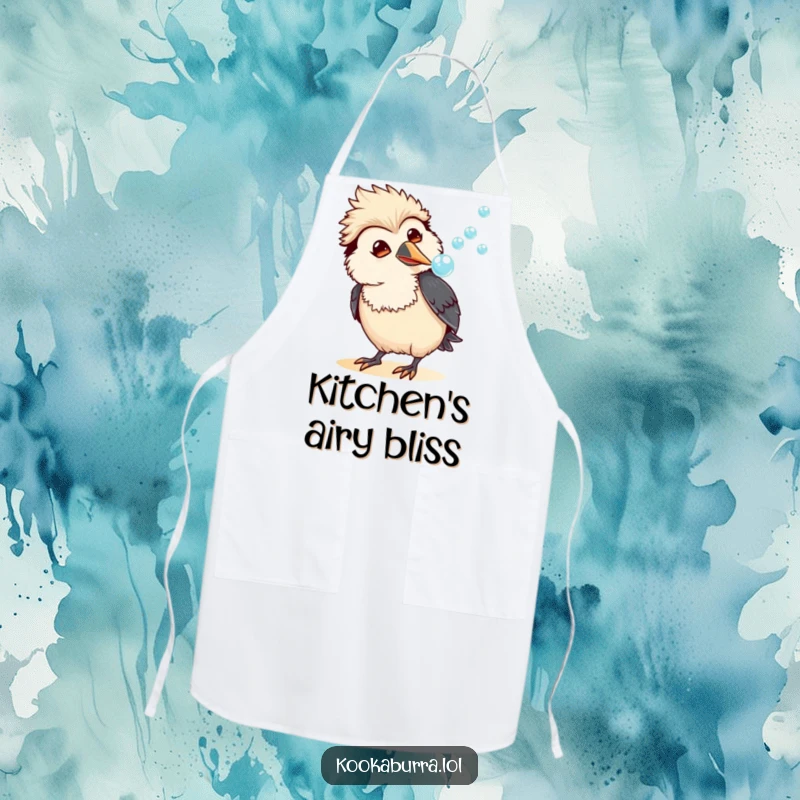 Funny kawaii kookaburra apron featuring an amused bird blowing a stream of bubbles, ideal for humorous and practical kitchen use.