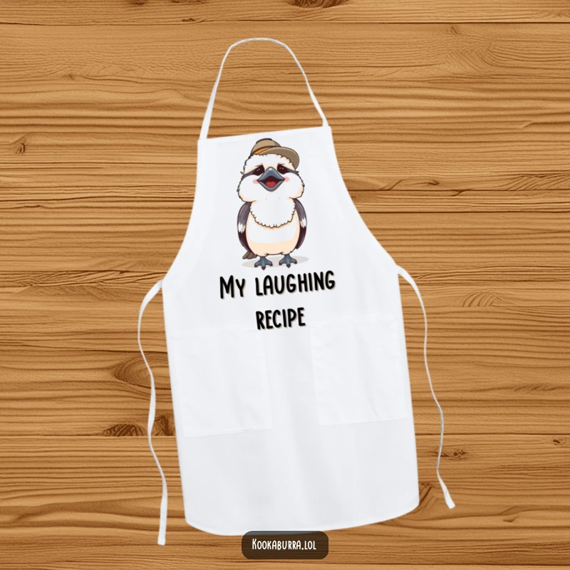 Funny apron showcasing a cute kookaburra in a tiny hat, laughing heartily, perfect for kitchen cheer.