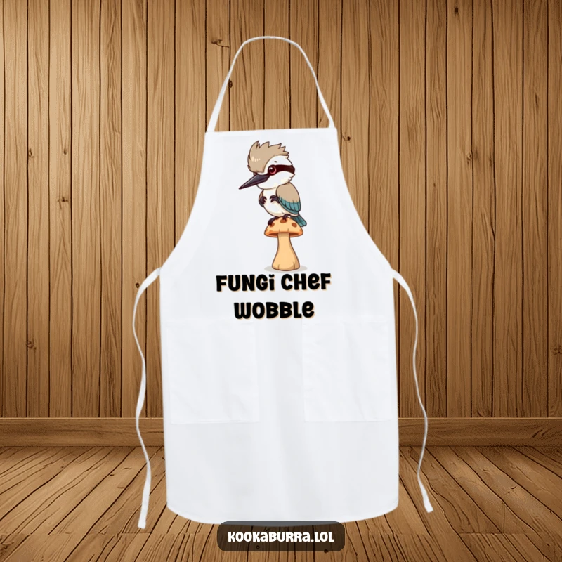 Funny Apron: A kookaburra bird attempts to balance on a wobbly mushroom, adding humor to kitchen tasks.