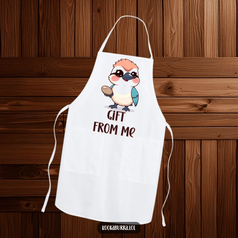 Funny Apron: A hopeful kookaburra bird offers a shiny pebble, perfect for adding humor to kitchen duties.