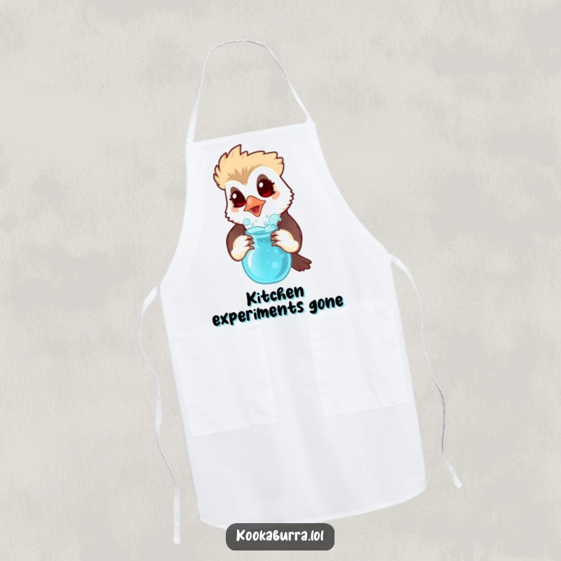 Funny apron with a kookaburra with a surprised expression holding a bubbling potion, perfect for adding science humor.
