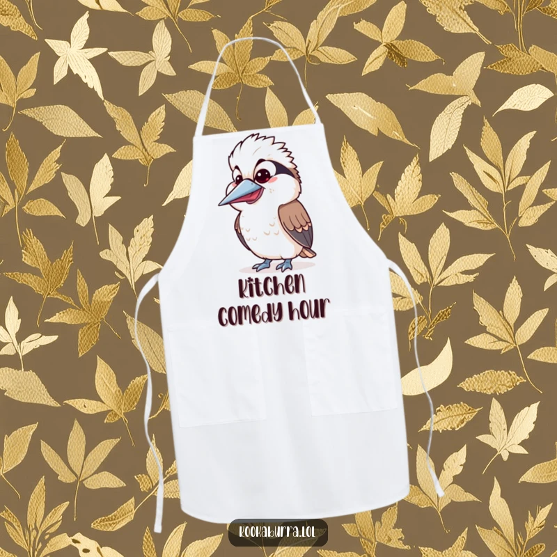 Funny Kawaii Kookaburra apron showing a cute bird with a silly, wide-open beak expression, ready to cook up a laugh. A fun kitchen funny gift.
