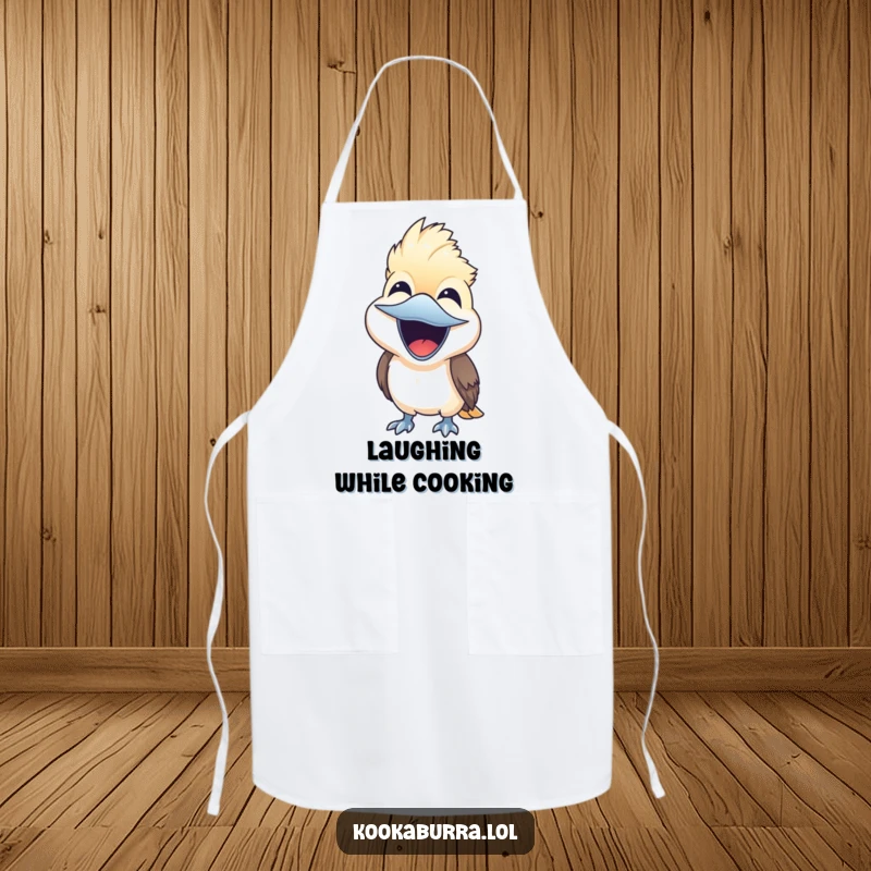 Funny kookaburra bird laughing with beak wide open on a kitchen apron, cheerful chef wear gift.