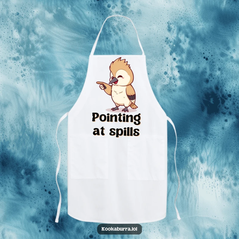 Funny kawaii kookaburra apron featuring a tiny bird pointing off-screen with a chuckle, ideal for humorous and practical kitchen use.