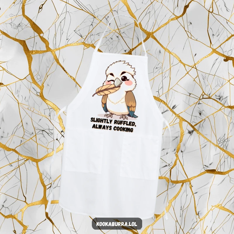 Funny kawaii kookaburra apron, a winking bird with a feather stuck on its beak, perfect for humorous and practical kitchen use.