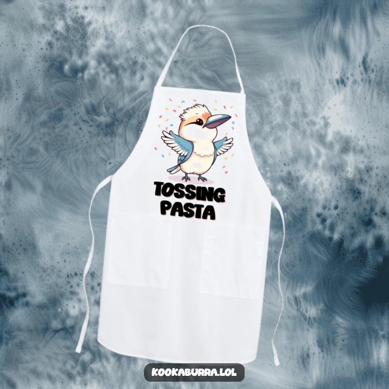 Funny kookaburra character throwing confetti with both wings, featured on a kitchen apron, adding festive humor to cooking.