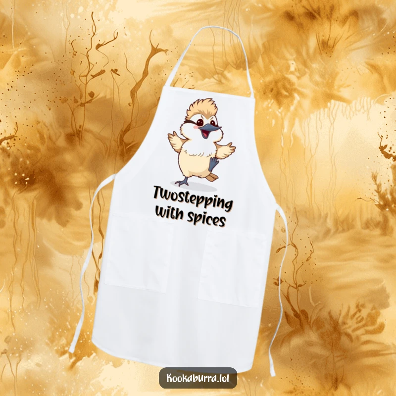 Funny kawaii kookaburra apron, a bird doing a silly dance with its feet kicking up, perfect for humorous and practical kitchen use.
