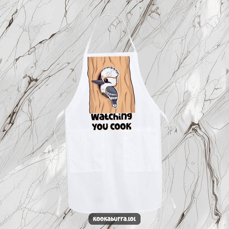 Funny kookaburra apron, a mischievous bird peeking from a tree, ideal for comical kitchen fun and protection.