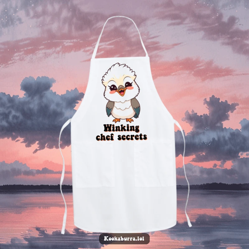 Funny Kawaii Kookaburra apron, a cute bird with a playful wink and beaming smile, bringing cheerful charm to the kitchen. A fun funny gift.