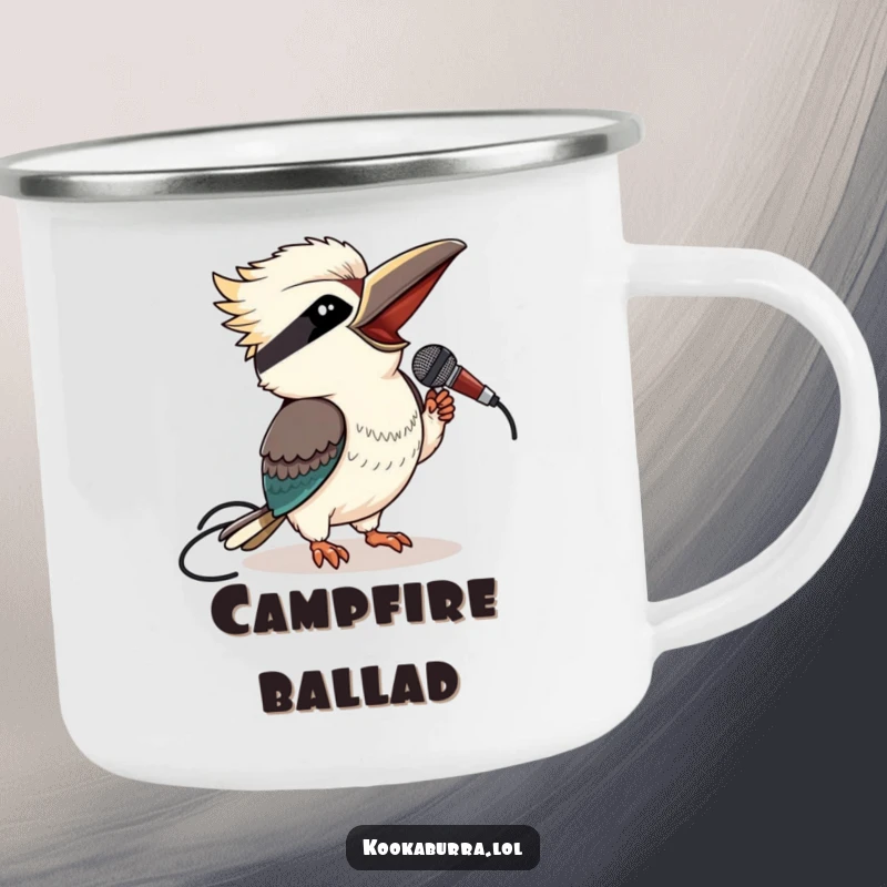 Funny kookaburra camping mug with a winking bird holding a microphone, ready for campfire concerts.