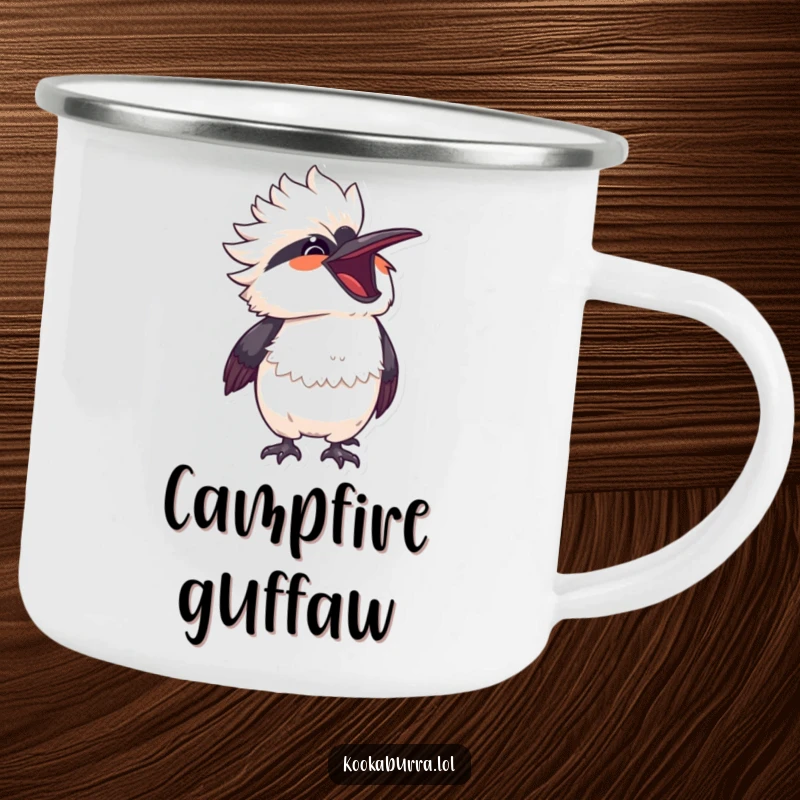 Funny kawaii kookaburra bursting with laughter, head thrown back, on a sturdy camping mug.