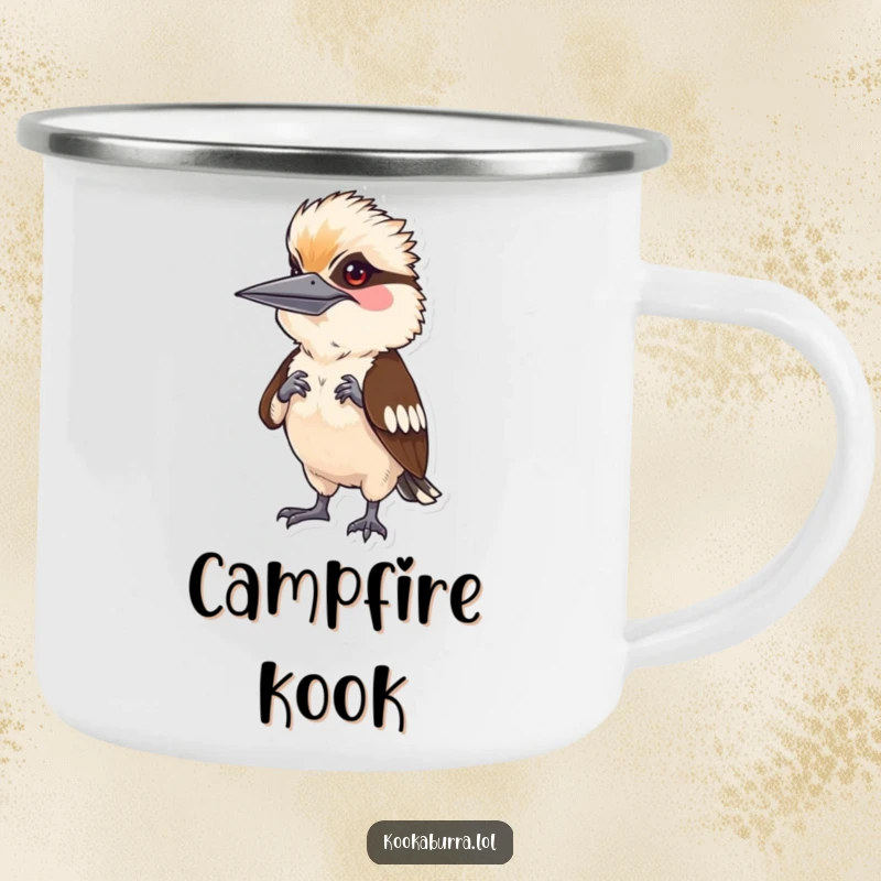 Funny kookaburra character mimicking a human pose, designed for a rugged camping mug, bringing humor to the outdoors.