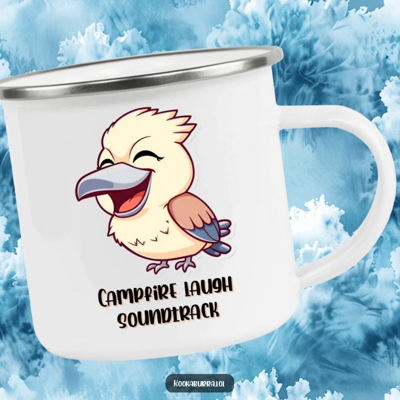 Funny kookaburra camping mug showing a bird with its beak wide open in hilarious laughter, ideal for outdoor enthusiasts.