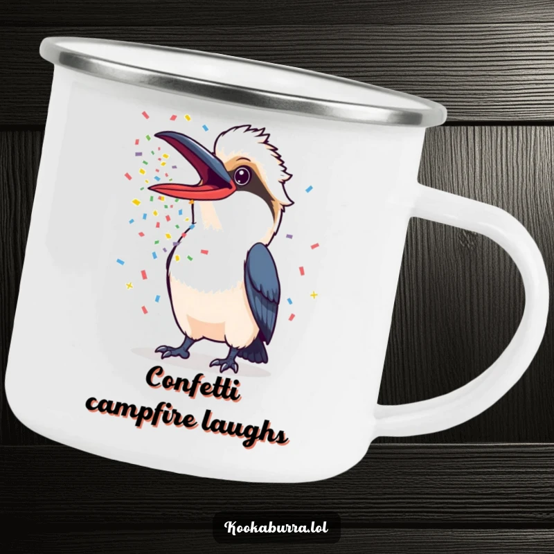 Funny Kookaburra Camping Mug with a kookaburra spewing colorful confetti, designed for festive outdoor adventures.