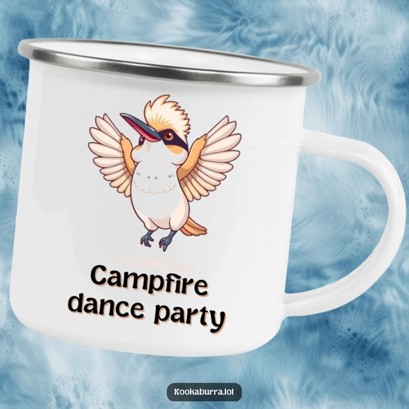 Funny camping mug with a kookaburra dancing with wings spread wide, embodying infectious laughter, ideal for outdoor fun.