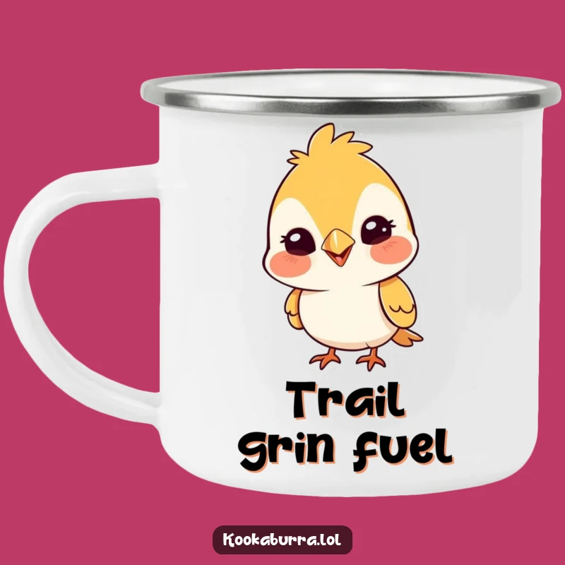 Funny Bird Camping Mug: Silly Grin Enamel Cup, Cute Cartoon Outdoor Gift