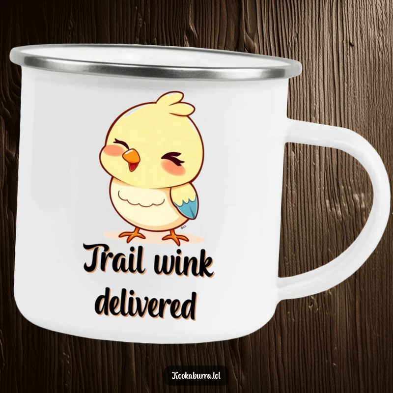 Funny camping mug featuring a bird with a playful wink and a bobbing head, perfect for enjoying drinks with a touch of cheeky humor.