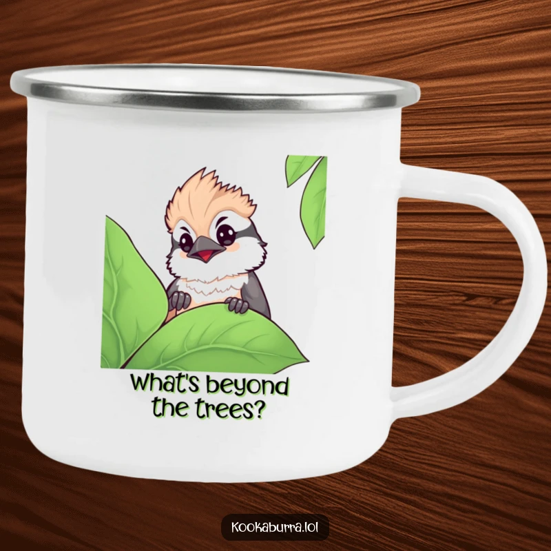 Funny kawaii kookaburra camping mug showing a cute bird curiously peeking from behind a leaf, perfect for nature lovers.
