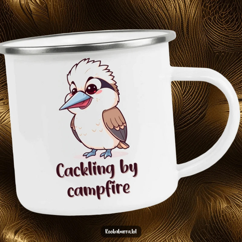 Funny Kawaii Kookaburra camping mug featuring a cute bird with a silly, wide-open beak expression, ready for outdoor laughs. A perfect funny gift.