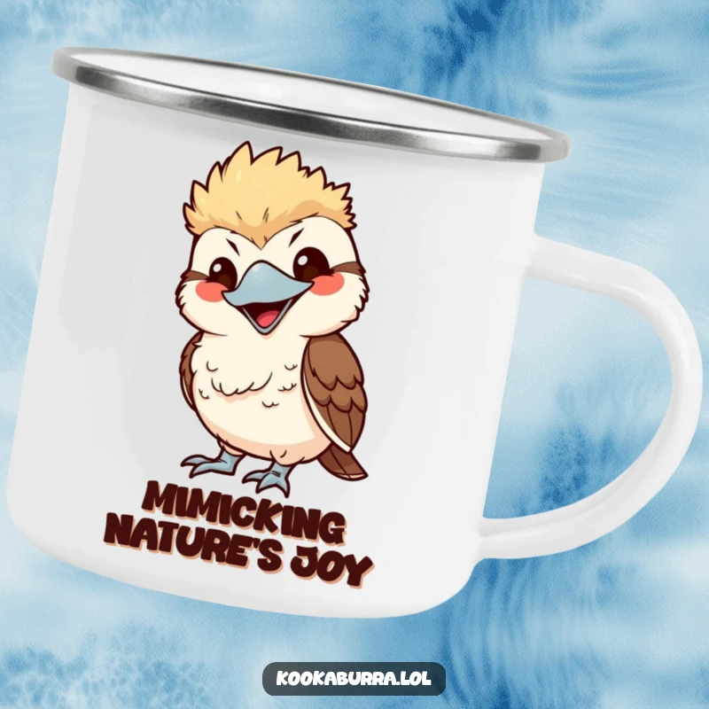 Funny kawaii kookaburra camping mug, mimicking with exaggerated smile, cute bird graphic, humorous outdoor cup.
