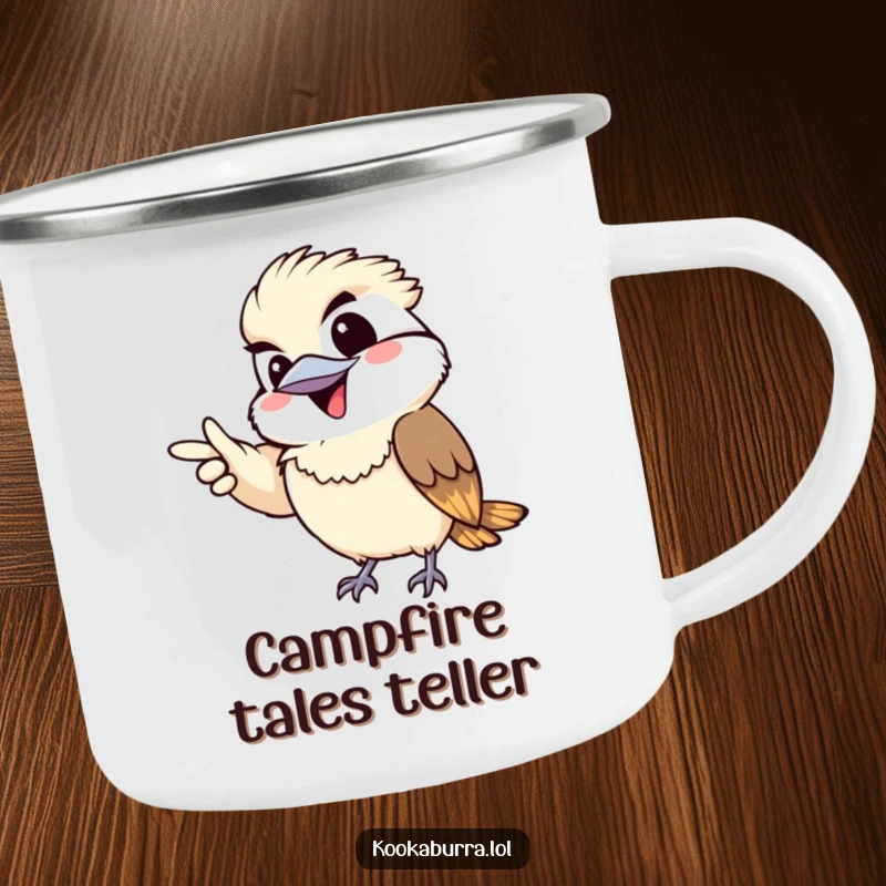 Funny camping mug with a kawaii kookaburra gleefully pointing with a mischievous grin, ready for outdoor fun.