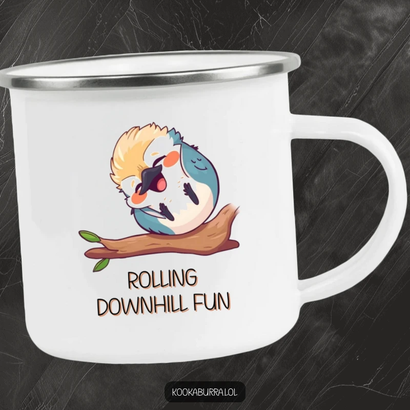 Funny round kawaii kookaburra camping mug, tumbling end over end, laughing, cute bird graphic, humorous outdoor cup.