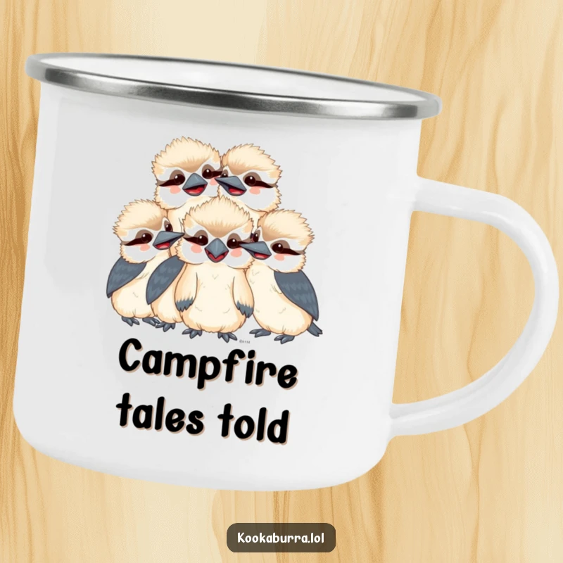 Funny kawaii kookaburra camping mug with a group of smiling, giggling birds huddled together, durable for outdoor use and humorous enjoyment.