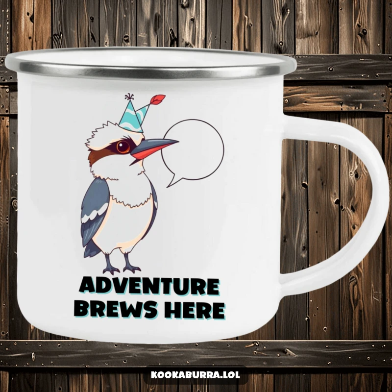 Funny Kookaburra Camping Mug: Kookaburra in party hat, quill ready, pointing at a blank speech bubble, perfect for outdoor laughs.