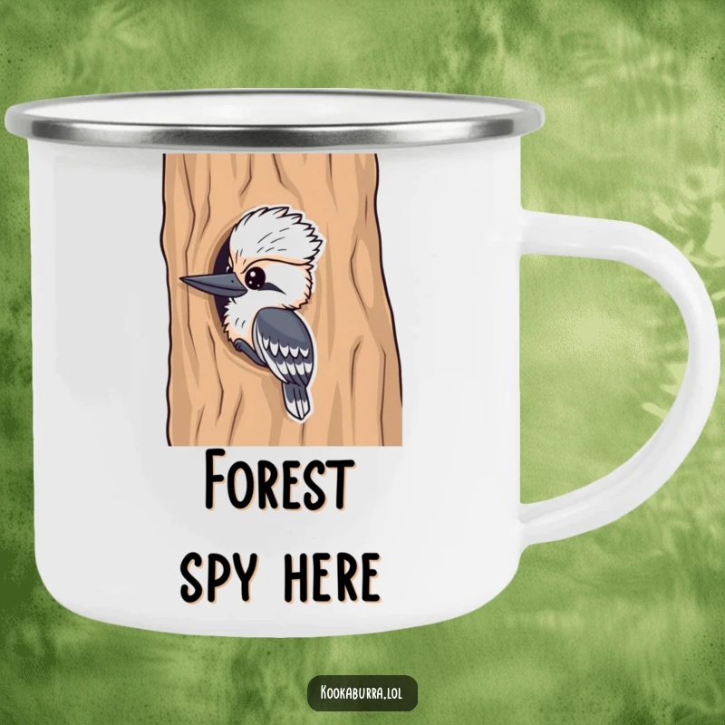 Funny kookaburra camping mug, a cheeky bird peeking from a tree, perfect for outdoor fun and humorous sips.