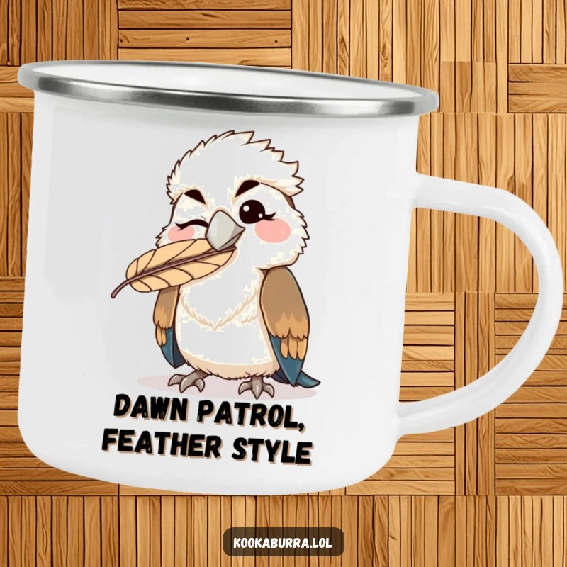Funny kawaii kookaburra camping mug, a winking bird with a feather humorously stuck on its beak, perfect for outdoor, humorous enjoyment.