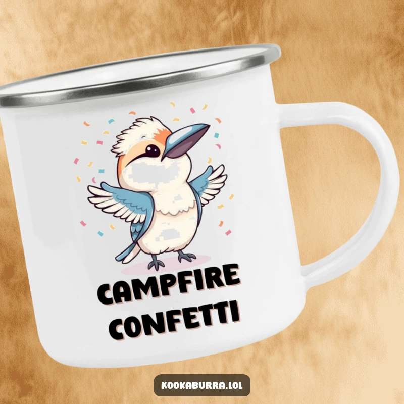 Funny kookaburra throwing confetti with both wings, designed for a rugged camping mug, bringing festive humor outdoors.