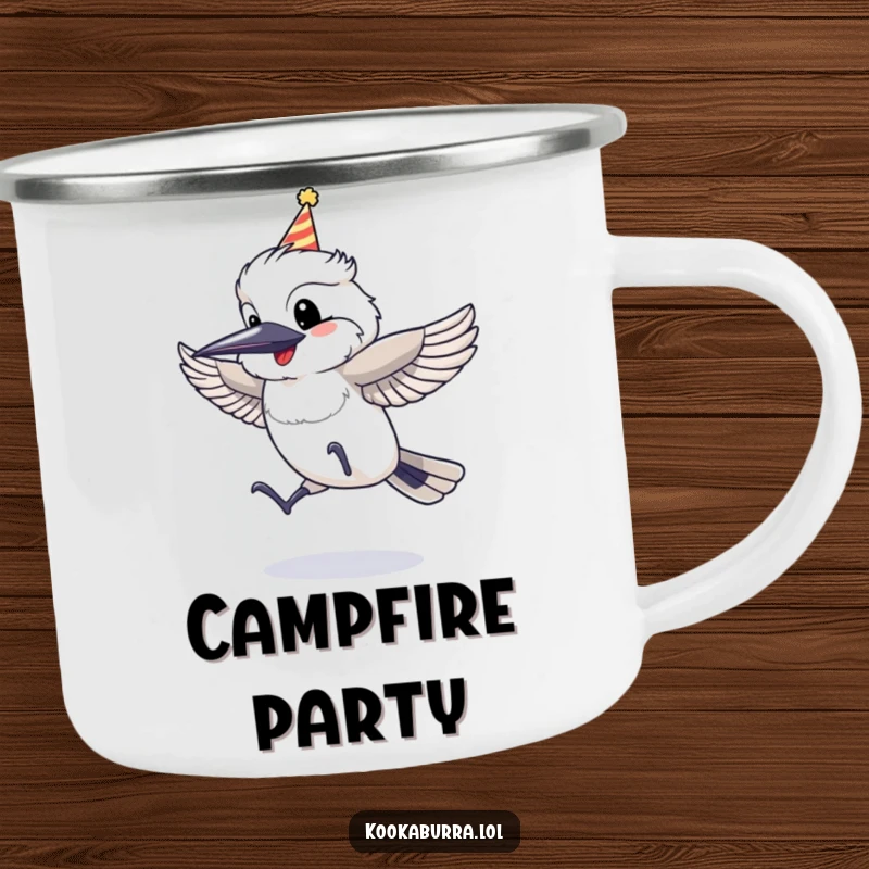 Funny Camping Mug with a kookaburra wearing a party hat, jumping with glee, perfect for festive outdoor enjoyment.