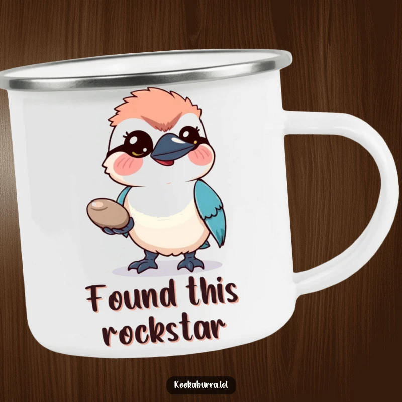 Funny Camping Mug: A hopeful kookaburra bird offers a shiny pebble, perfect for enjoying drinks in the wild.