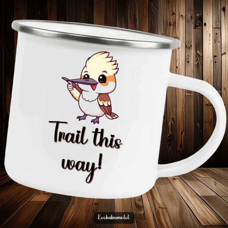 Funny kookaburra excitedly pointing with its wing, a humorous and durable camping mug.