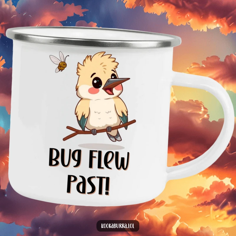 Funny kookaburra making a surprised face as a bug flies past, a humorous and durable camping mug.