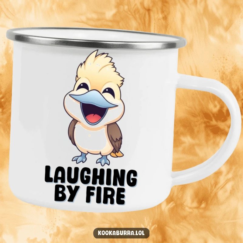 Funny kookaburra bird laughing with beak wide open on a durable camping mug, cheerful outdoor gift.