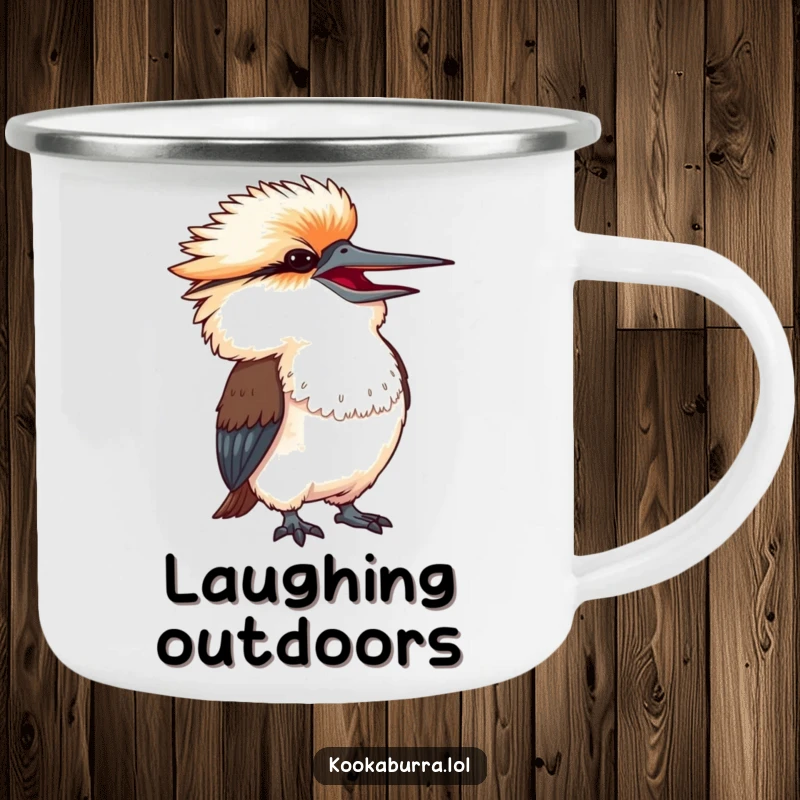 Funny kookaburra with head thrown back in exaggerated amusement, a humorous and durable camping mug.
