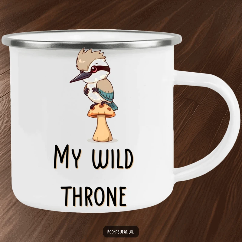 Funny Camping Mug: A kookaburra bird wobbles on a mushroom, perfect for enjoying drinks in the wild with a laugh.