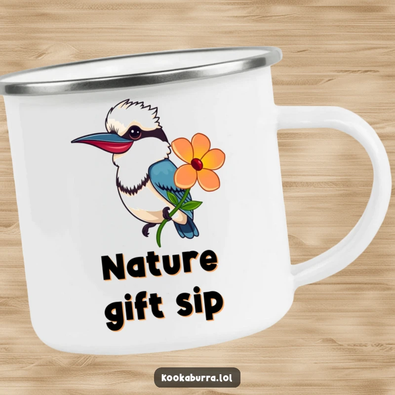 Funny Camping Mug with a smiling kookaburra offering a flower, perfect for sharing kindness on outdoor adventures.